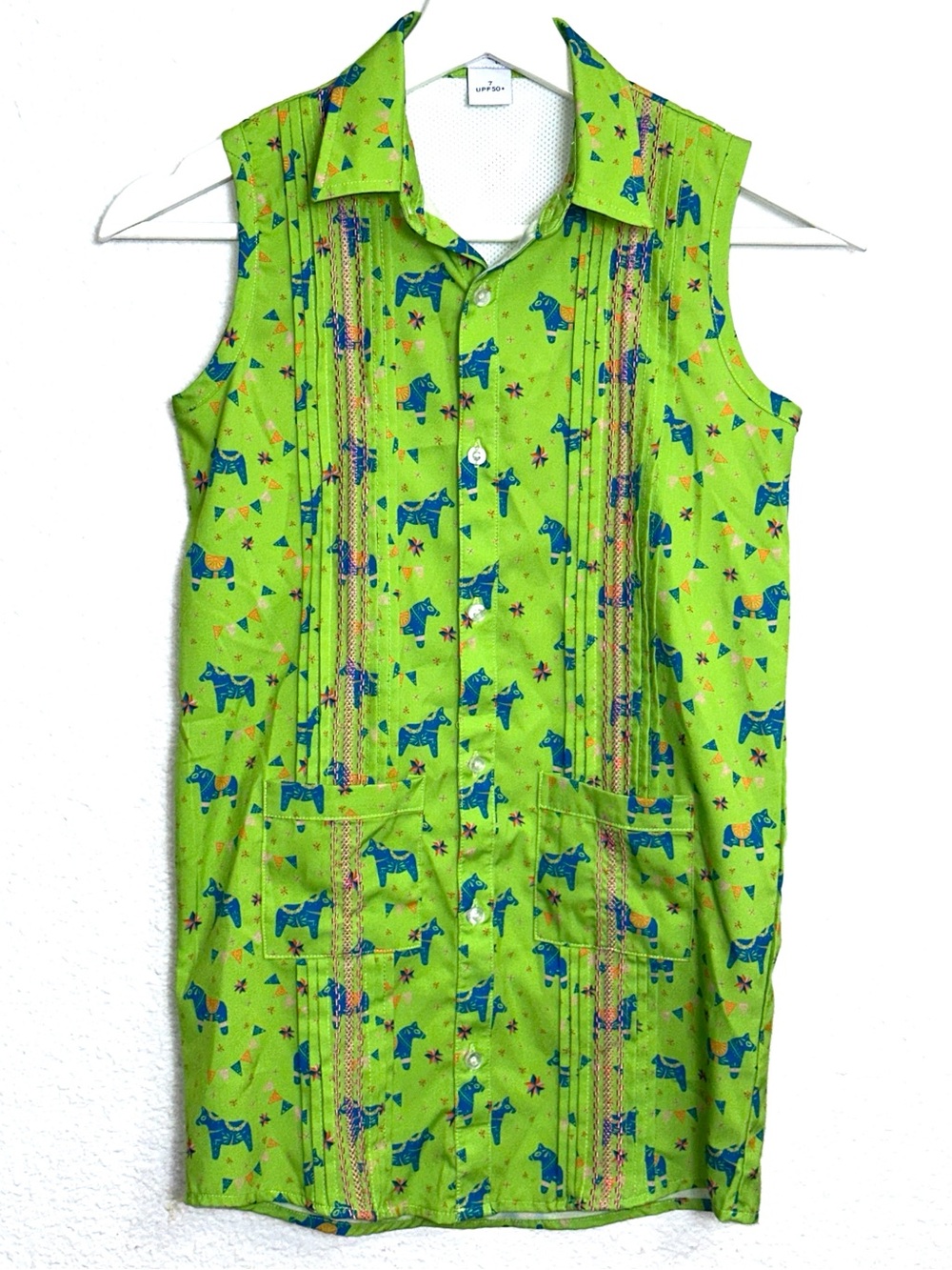 Blue Quail Guayabera Fiesta Dress Green Sleeveless Donkey UPF 50+ Pockets Size 7